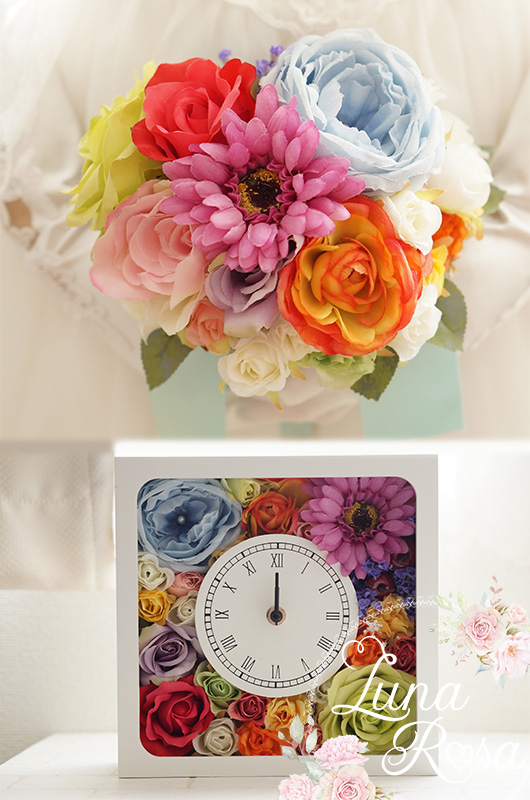 カラフルな造花のブーケを花時計にリメイク