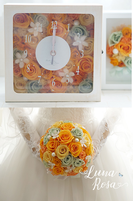 オレンジのカラフルなブーケを花時計と写真立てにアフター加工